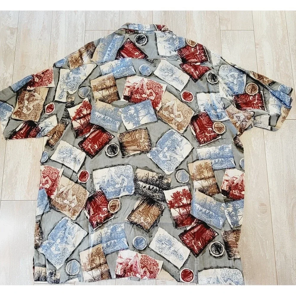 Greg‎ Norman L Hawaiian Shirt Men Short Sleeve Button Down Colorful Linen Blend